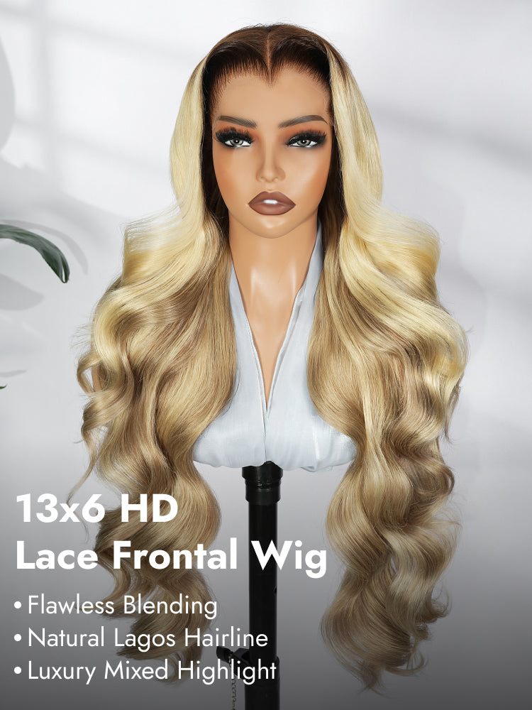 Light Brown With Blonde Highlights 13x6 Lace Frontal Lagos Hairline Wig Dark Roots