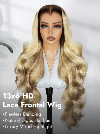 Light Brown With Blonde Highlights 13x6 Lace Frontal Lagos Hairline Wig Dark Roots