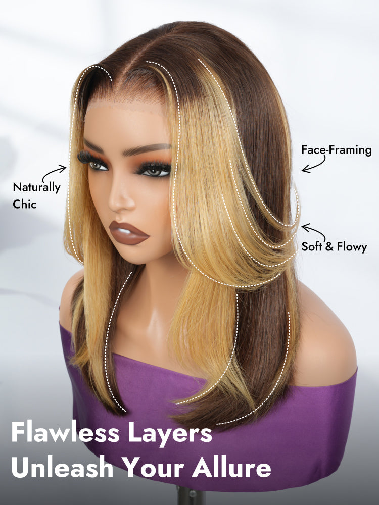 Butterfly Cut Highlight Bob Wig 7x5 Pre Cut Lace Wigs With Honey Blonde Highlights Streaks