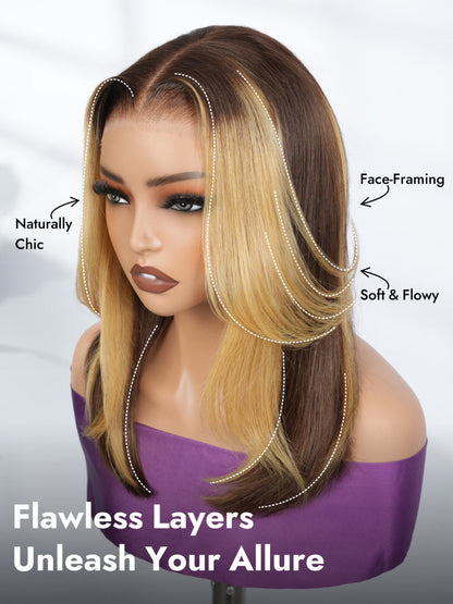 Butterfly Cut Highlight Bob Wig 7x5 Pre Cut Lace Wigs With Honey Blonde Highlights Streaks