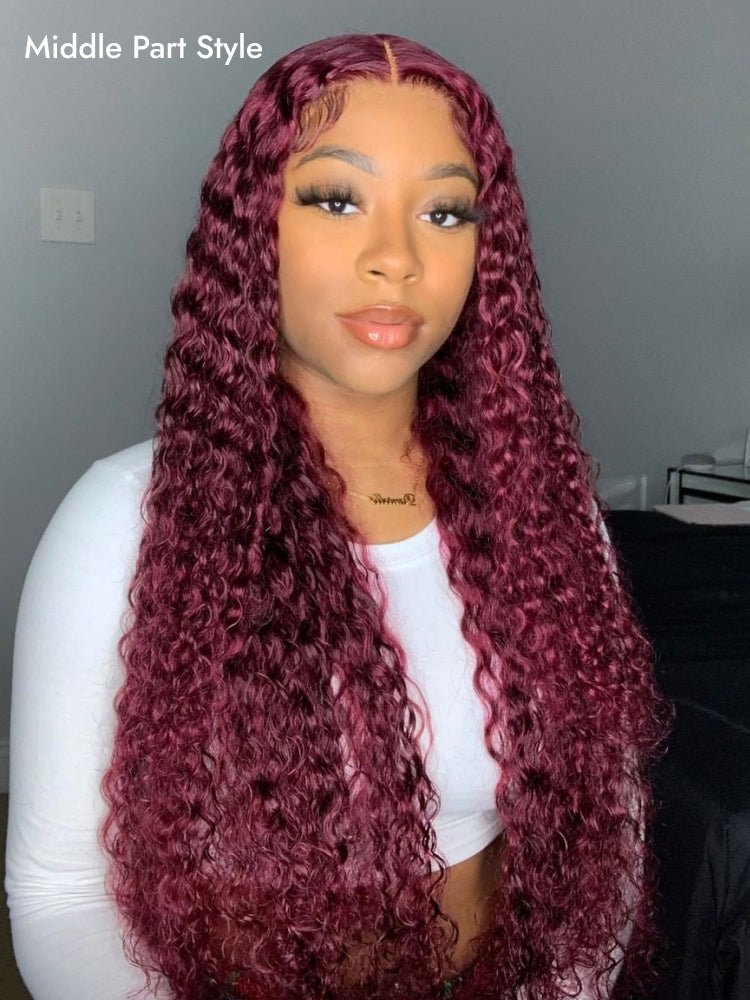 Premium Cherry Cola Red Hair Colored Deep Wave 13x6 Lace Frontal Wig Side Part