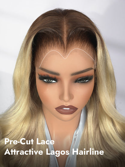 Light Brown With Blonde Highlights 13x6 Lace Frontal Lagos Hairline Wig Dark Roots