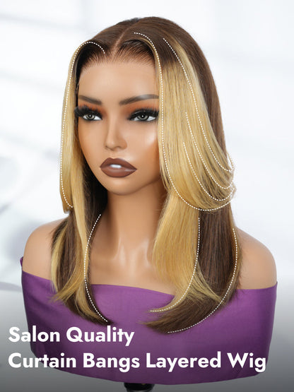 Butterfly Cut Highlight Bob Wig 7x5 Pre Cut Lace Wigs With Honey Blonde Highlights Streaks