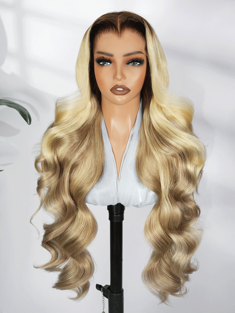 Light Brown With Blonde Highlights 13x6 Lace Frontal Lagos Hairline Wig Dark Roots