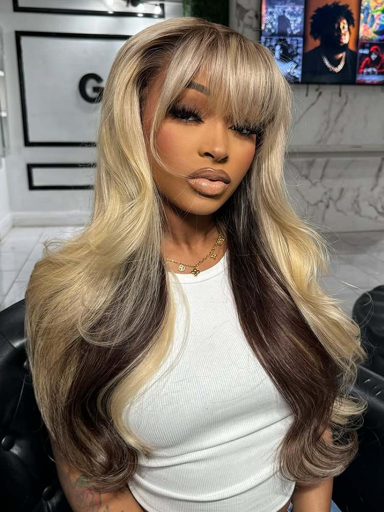 Blonde With Brown Underneath Body Wave 13x6 Lace Frontal Wig With Bangs