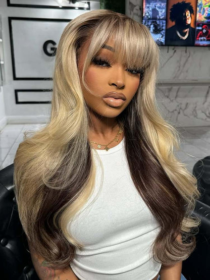 Blonde With Brown Underneath Body Wave 13x6 Lace Frontal Wig With Bangs