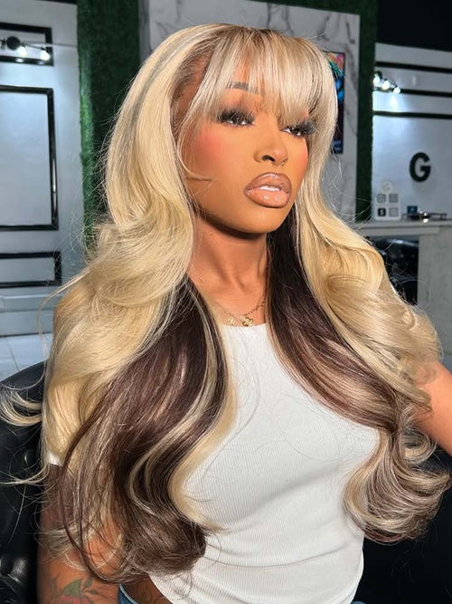 Blonde With Brown Underneath Body Wave 13x6 Lace Frontal Wig With Bangs