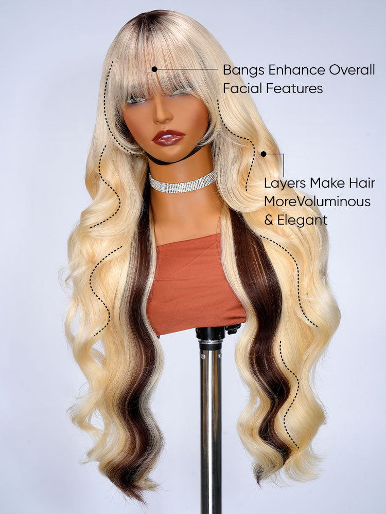 Blonde With Brown Underneath Body Wave 13x6 Lace Frontal Wig With Bangs