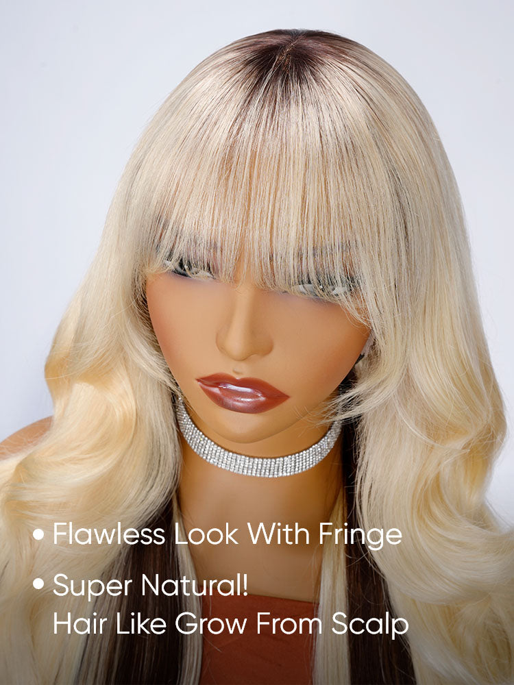 Blonde With Brown Underneath Body Wave 13x6 Lace Frontal Wig With Bangs
