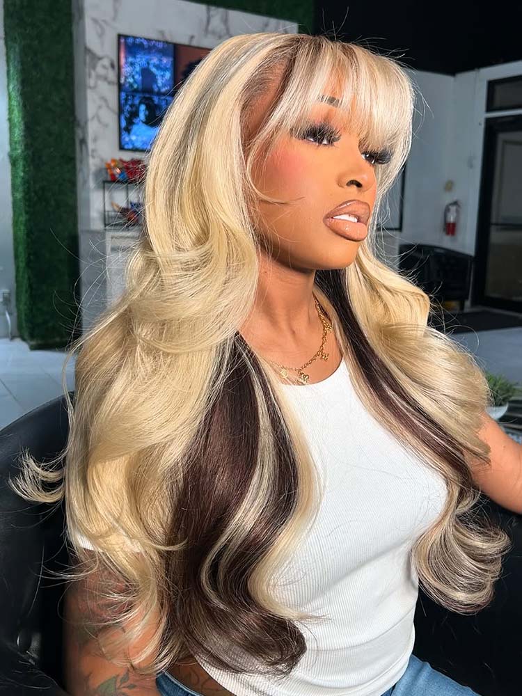 Blonde With Brown Underneath Body Wave 13x6 Lace Frontal Wig With Bangs
