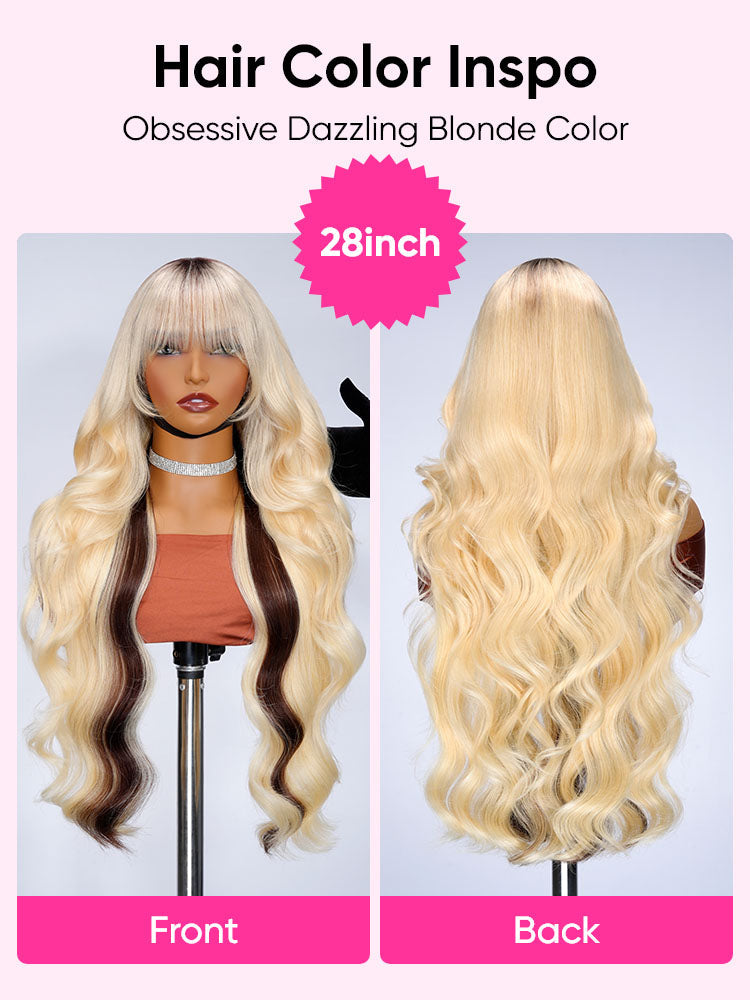 Blonde With Brown Underneath Body Wave 13x6 Lace Frontal Wig With Bangs