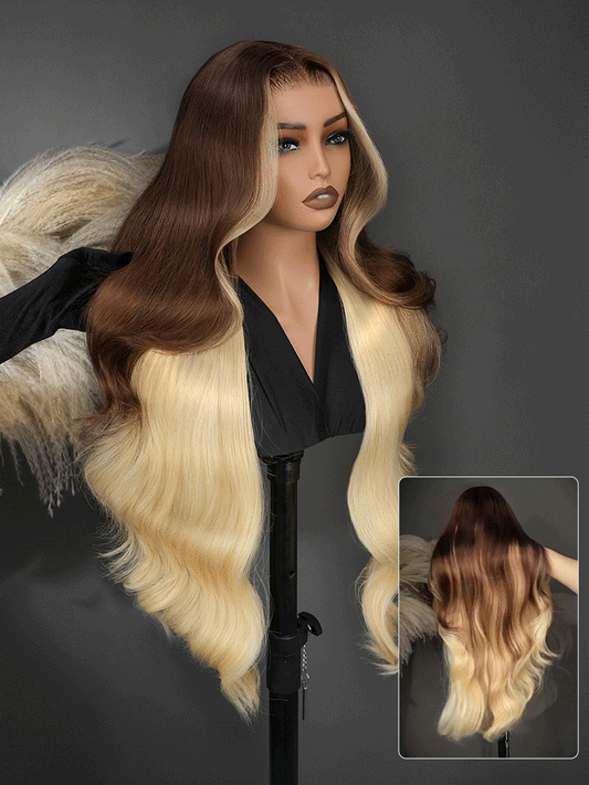 Caramel Macchiato Hair Layered 13x6 Lace Frontal Wig With Blonde Peekaboo