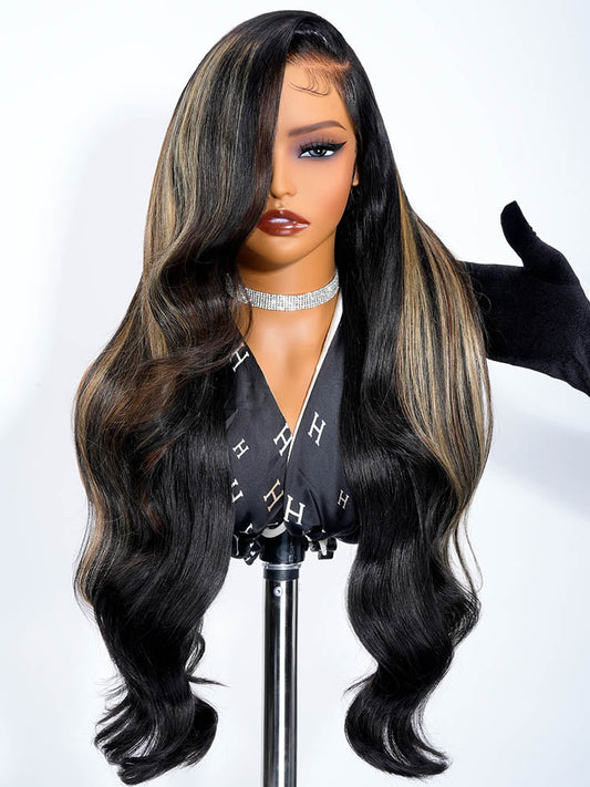 Caramel Honey Blonde Highlights On Black Human Hair Wavy 13x6 Lace Front Wigs