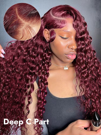 Premium Cherry Cola Red Hair Colored Deep Wave 13x6 Lace Frontal Wig Side Part