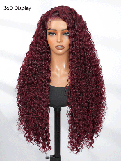 Premium Cherry Cola Red Hair Colored Deep Wave 13x6 Lace Frontal Wig Side Part