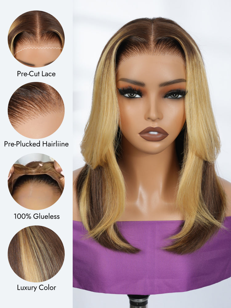 Butterfly Cut Highlight Bob Wig 7x5 Pre Cut Lace Wigs With Honey Blonde Highlights Streaks