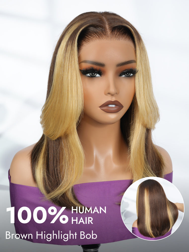 Butterfly Cut Highlight Bob Wig 7x5 Pre Cut Lace Wigs With Honey Blonde Highlights Streaks