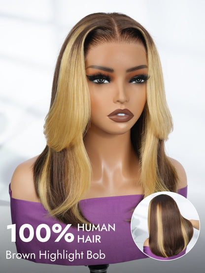 Butterfly Cut Highlight Bob Wig 7x5 Pre Cut Lace Wigs With Honey Blonde Highlights Streaks