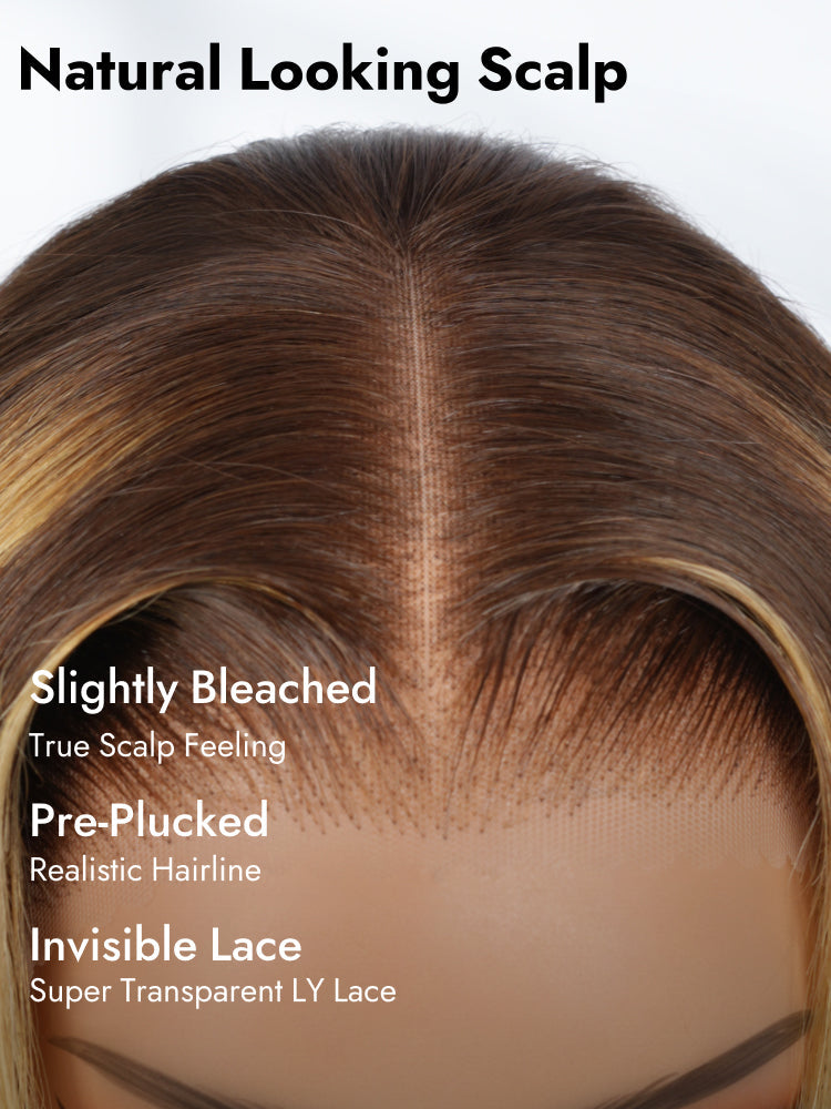 Butterfly Cut Highlight Bob Wig 7x5 Pre Cut Lace Wigs With Honey Blonde Highlights Streaks