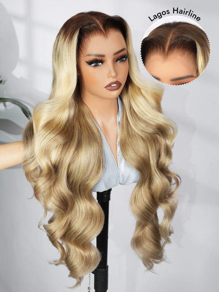 Light Brown With Blonde Highlights 13x6 Lace Frontal Lagos Hairline Wig Dark Roots