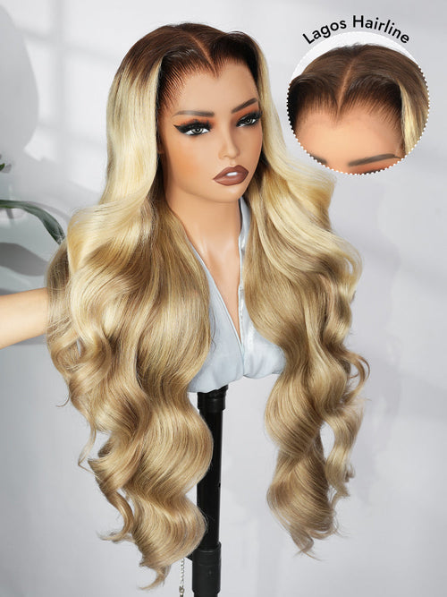 Light Brown With Blonde Highlights 13x6 Lace Frontal Lagos Hairline Wig Dark Roots