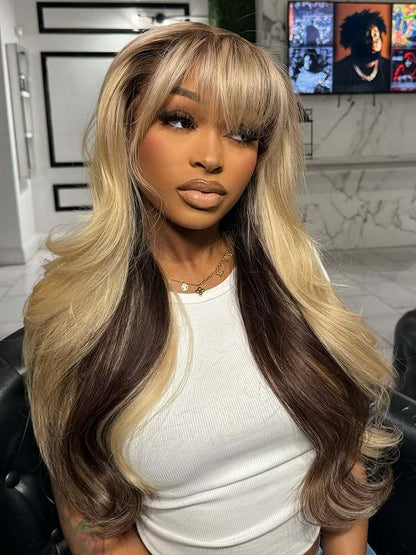 Blonde With Brown Underneath Body Wave 13x6 Lace Frontal Wig With Bangs